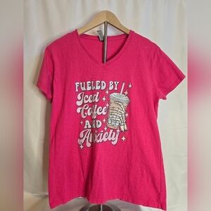 Fueled by Iced Coffee and Anxiety Graphic Tee | Hot Pink V-Neck DTF Transfer XL